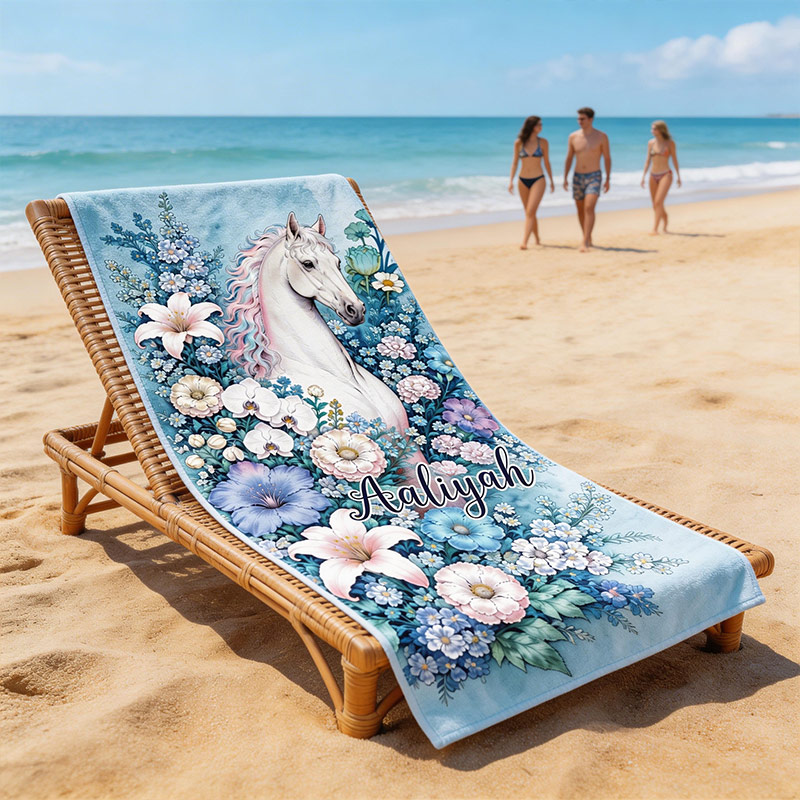 Personalized Beach Towel White Horse and Flowers Beach Towel with Name Gift for Equestrian Lovers