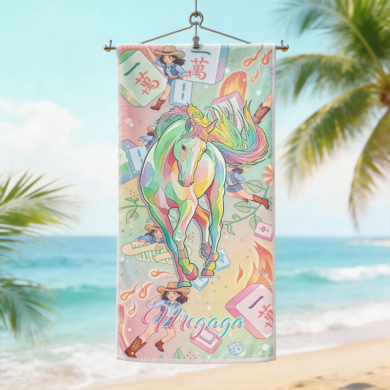 Personalized Mahjong Beach Towel Colorful Western Girl Custom Name Printing Gift for Mahjong Loving Girls