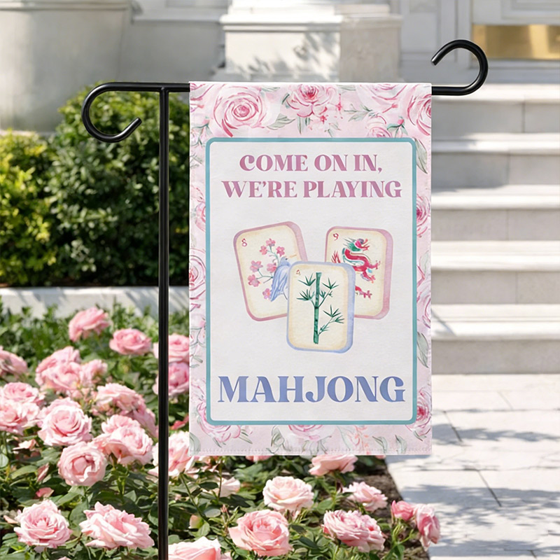 Mahjong Garden Flags Pink Rose Courtyard Decor Mahjong Parties and Gifts for Mahjong Enthusiasts