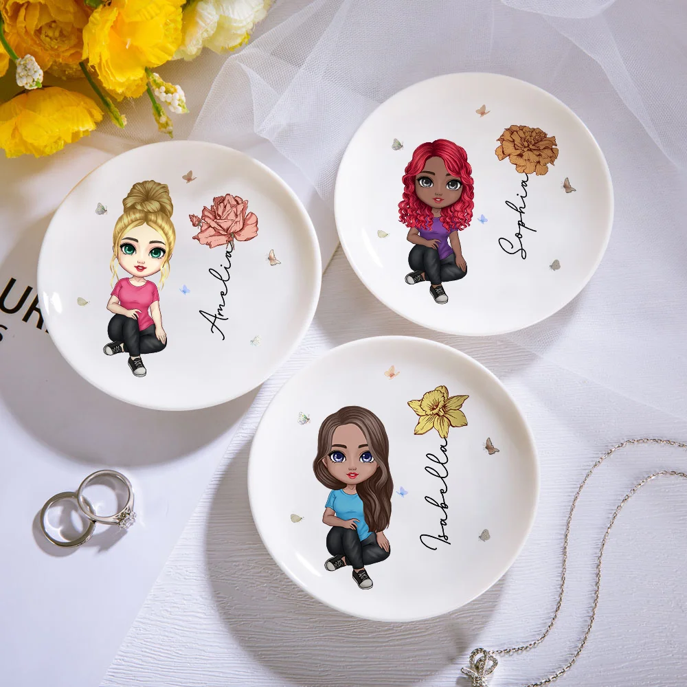 Personalized Cute Cartoon Character Ceramic Ring Dish Jewelry Tray with Birth Flower and Name Birthday Bridesmaid Wedding Gift for Her