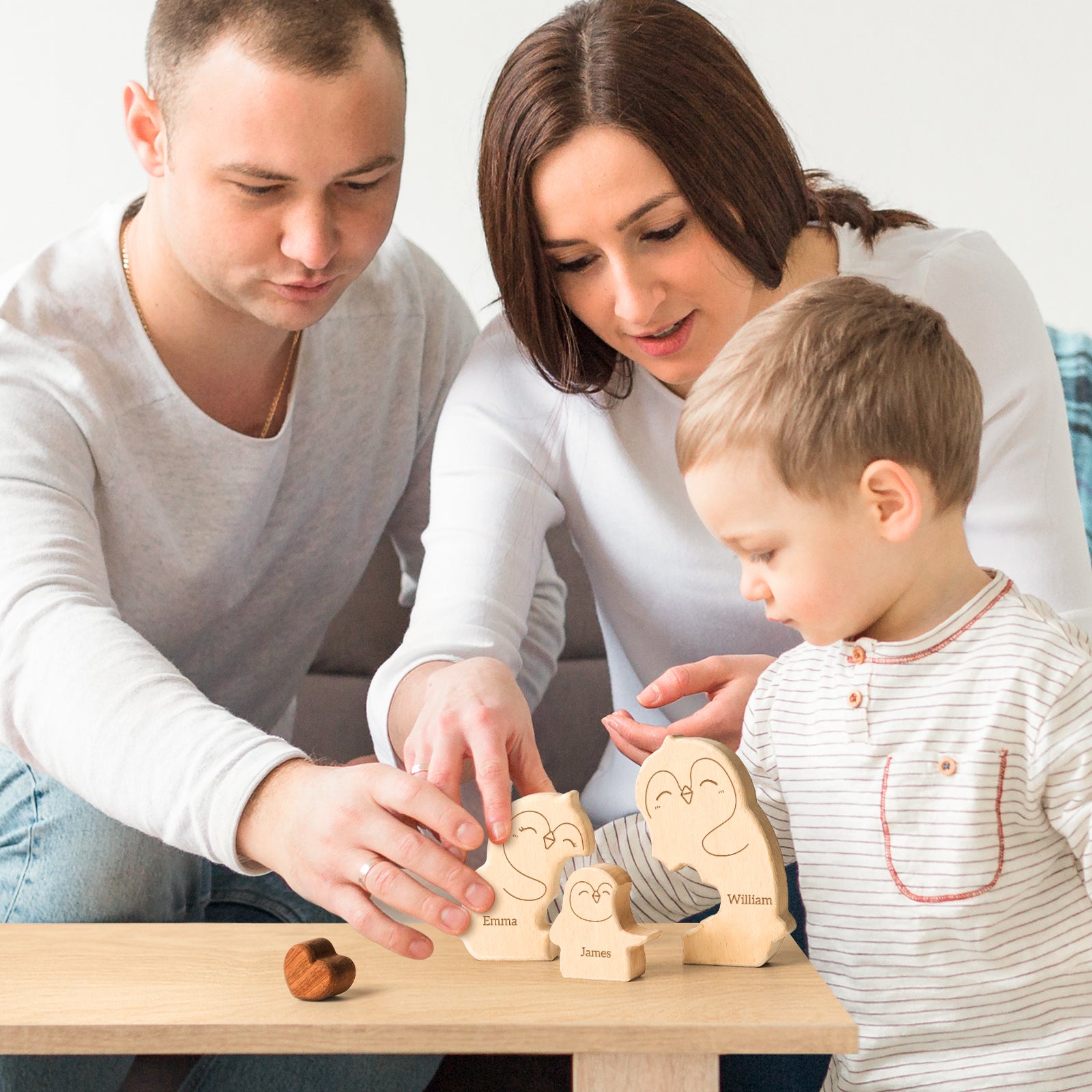 Personalized little Penguin Family Wooden Puzzle Ornament Holiday Gift Heartwarming Family Ornament