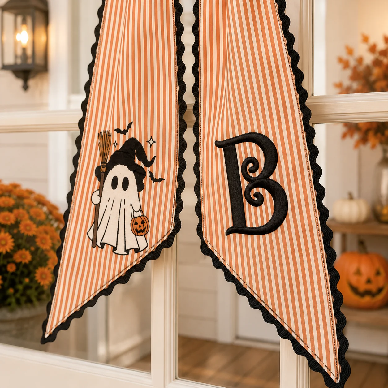 Personalized Halloween Wreath Sash Bow, Monogram Initial Ghost Witch Wreath Ribbon, Wreath Tail, Front Door Fall Halloween Decor