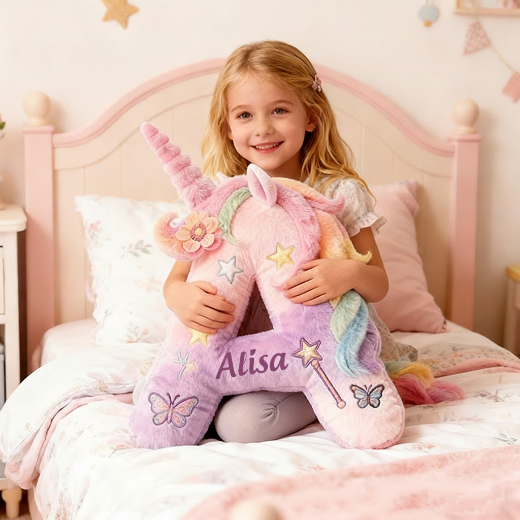 Personalized Letter Christmas Gift Pillow Pastel Rainbow Colors Stars Butterflies Magic Wand and Whimsical Fairy Tale Design Graphic 3D Print Pillow