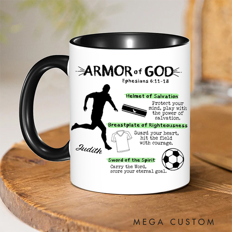 Personalized Armor of God for Soccer Ceramic Mug with Name Religious Inspirational Gift for Christians