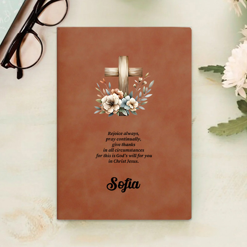 Personalized Floral Cross Bible Verse Prayer Journal Leather A5 Notebook with Name Church Study Birthday Gift Religious Christmas Gift for Christians