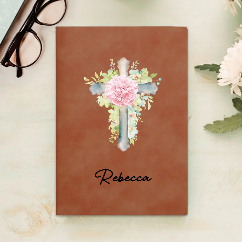 Personalized Watercolor Cross 1-5 Birth Flowers Prayer Journal Leather A5 Notebook with Name for Bible Study Birthday Gift Religious Gift for Women