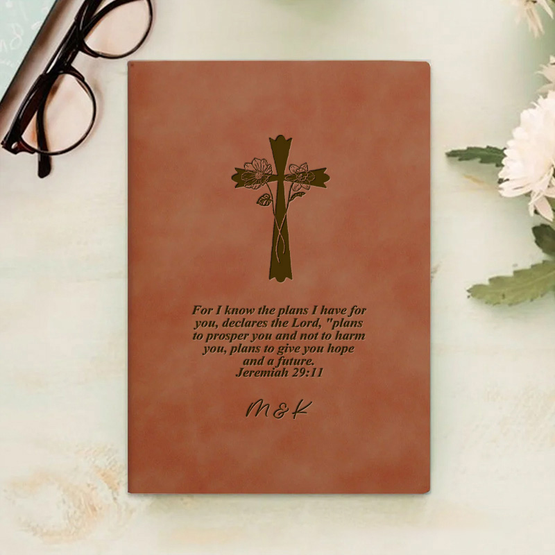Personalized Engraved Cross Birth Flower Bible Verse Leather A5 Notebook with Name for Church Bible Study Christmas Easter Gift for Christian Prayer