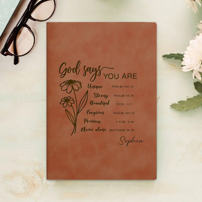 Personalized God Says You are Bible Verse Journal Leather A5 Notebook with Name for Women Flower Christian Gift Religious Gift Affirmations Gift