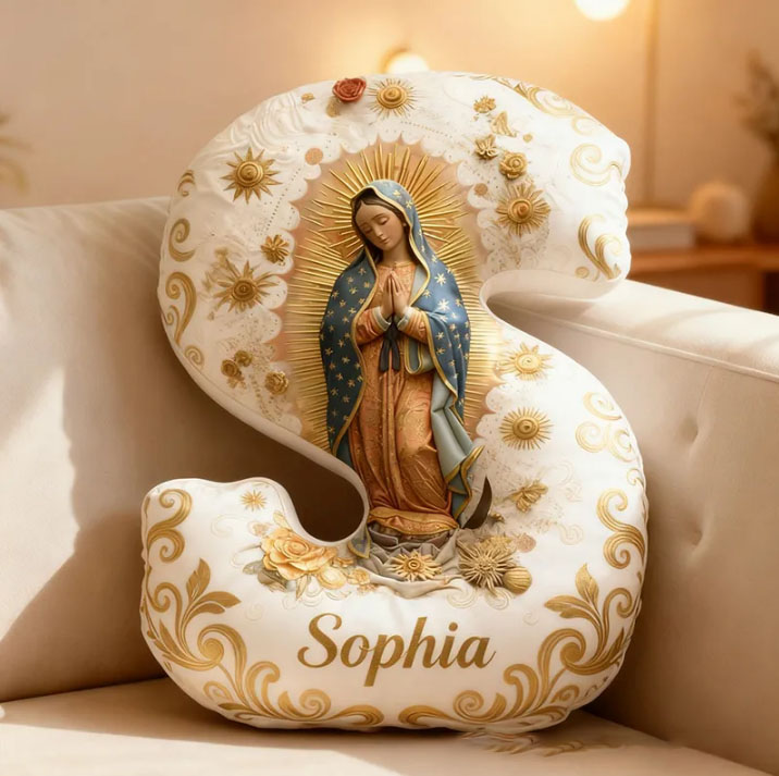 Personalized Our Lady Guadalupe Virgin Mary Floral Letter Pillow with Custom Name Religious Home Decor Catholic Gift for Women Graphic 3D Print Pillow