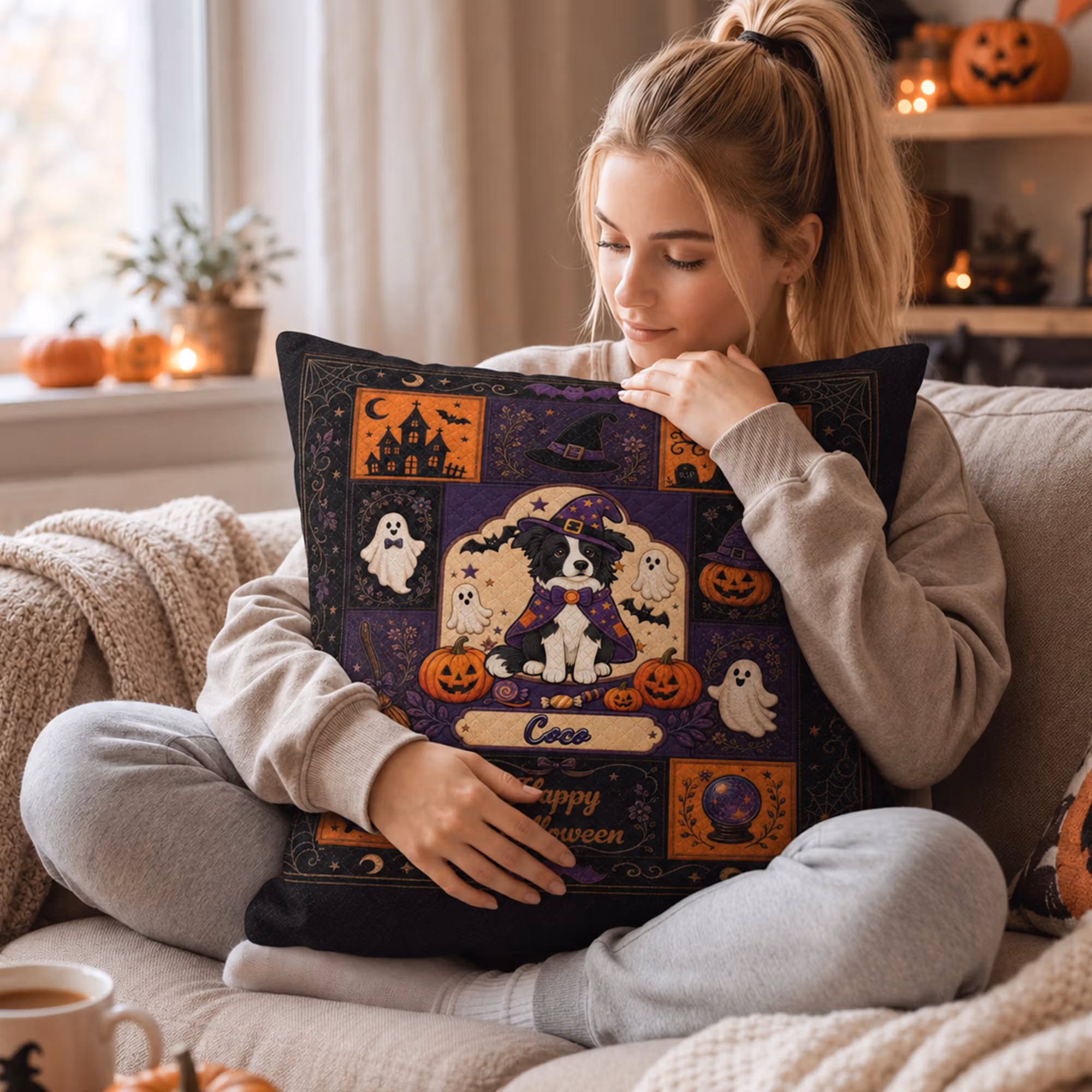 Personalized Photo and Name Retro Cartoon Halloween Pet Witch Throw Pillow Home Decor Halloween Gift for Pet Lovers