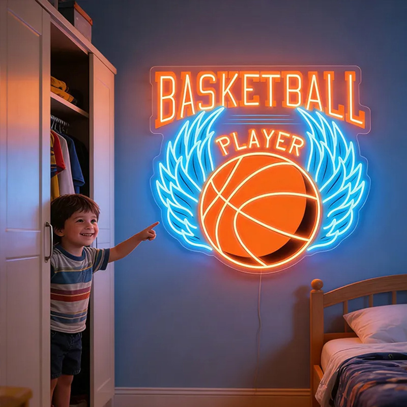 Personalized LED Basketball Neon Sign with Winged Ball Design for Basketball Lovers Teenage Boy Gifts