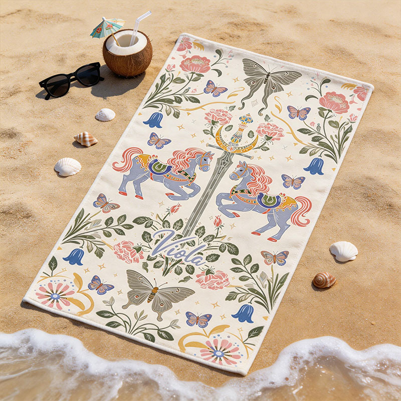 Personalized Enchanted Horse Sword Beach Towel Custom Name Floral Butterfly Towel