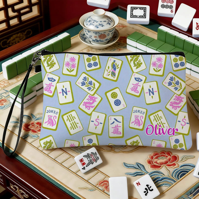 Personalized Mahjong Name Linen Handbag Purple Monkey Mahjong Pattern with Zipper and Wrist Strap Gift for Mahjong Lovers