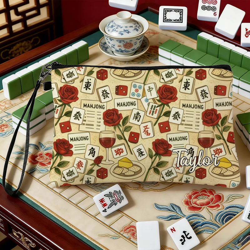 Personalized Mahjong Name Linen Handbag Vintage Rose Wine Glass with Zipper and Wrist Strap Gift for Mahjong Lovers