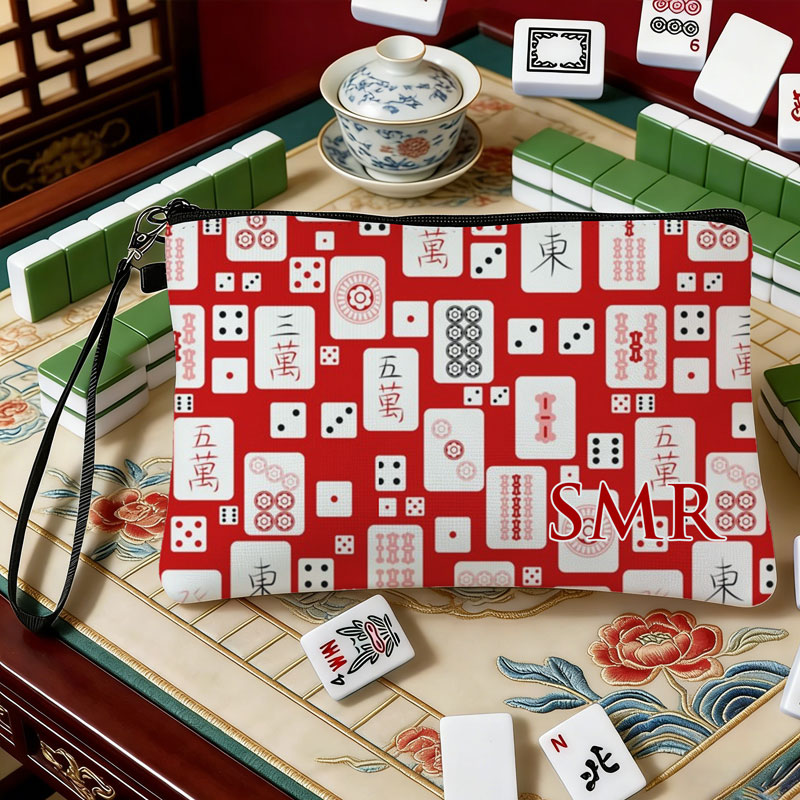 Personalized Mahjong Name Linen Handbag Red Mahjong and Dice with Zipper and Wrist Strap Gift for Mahjong Lovers