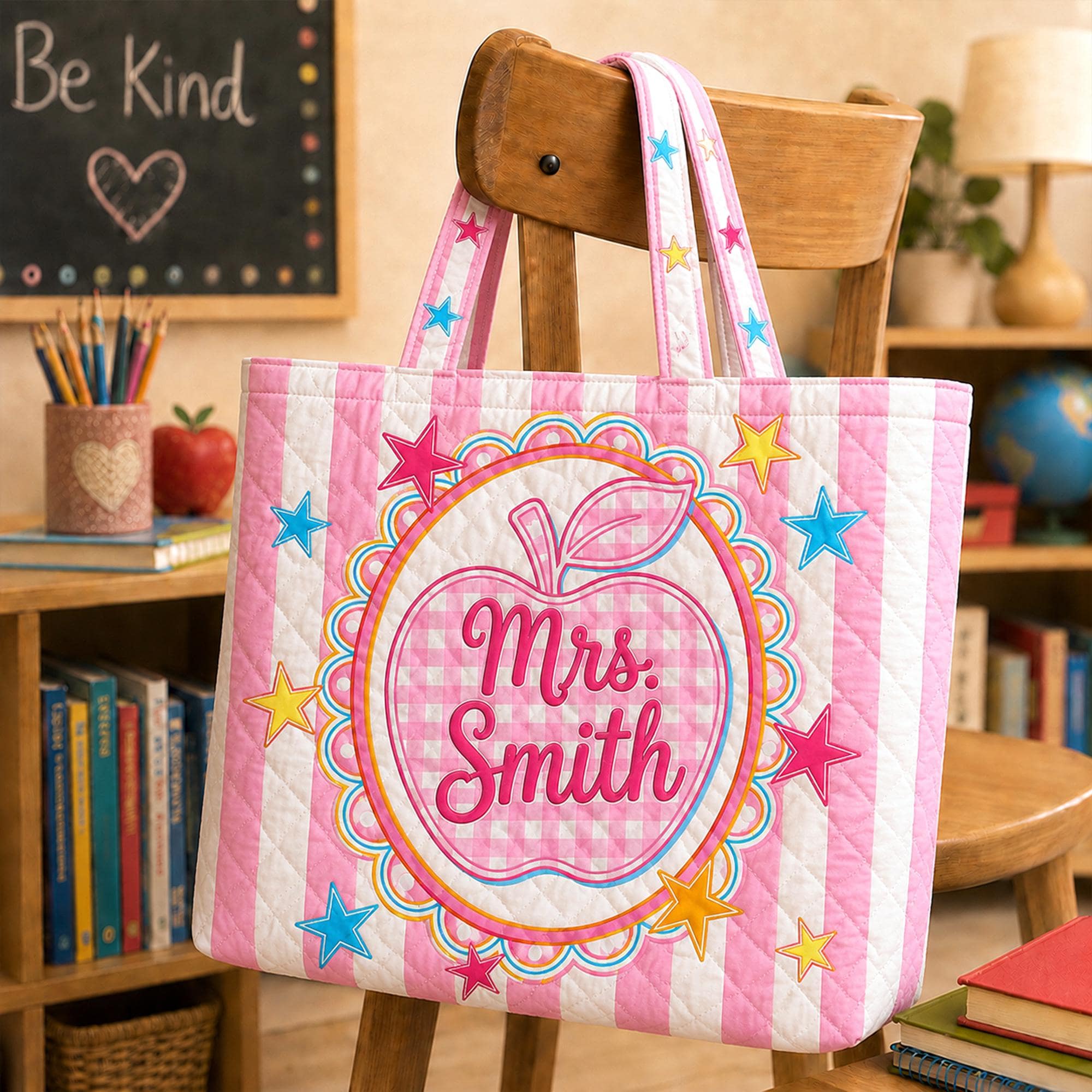 Personalized Teacher Quilted Tote Bag Custom Name Apple Bag Back to School Teacher Gift