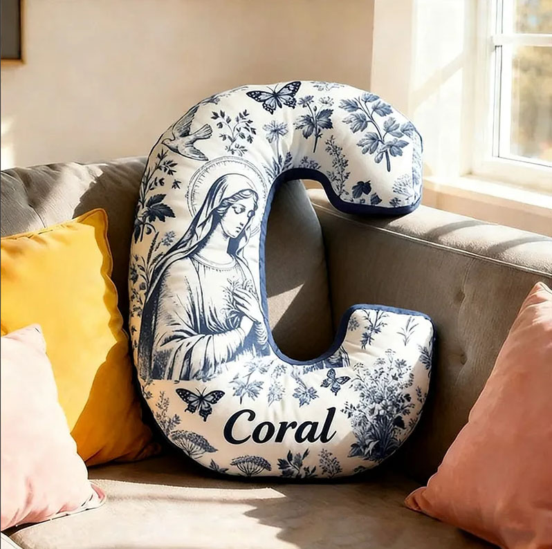 Personalized Catholic Virgin Mary Toile Letter Pillow with Name Home Decor Our Lady Pillow Vintage Floral Marian Pillow Christian Gift for Women