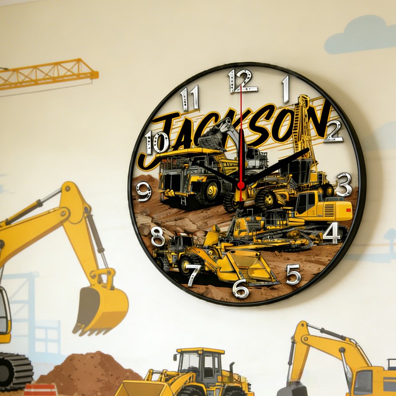 Personalized Unique Custom Name Heavy Equipment Builder Style Boys Bedroom Decor 3D Printed Wall Clock