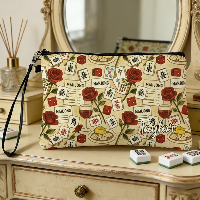 Personalized Mahjong Name Linen Handbag Vintage Rose Wine Glass with Zipper and Wrist Strap Gift for Mahjong Lovers
