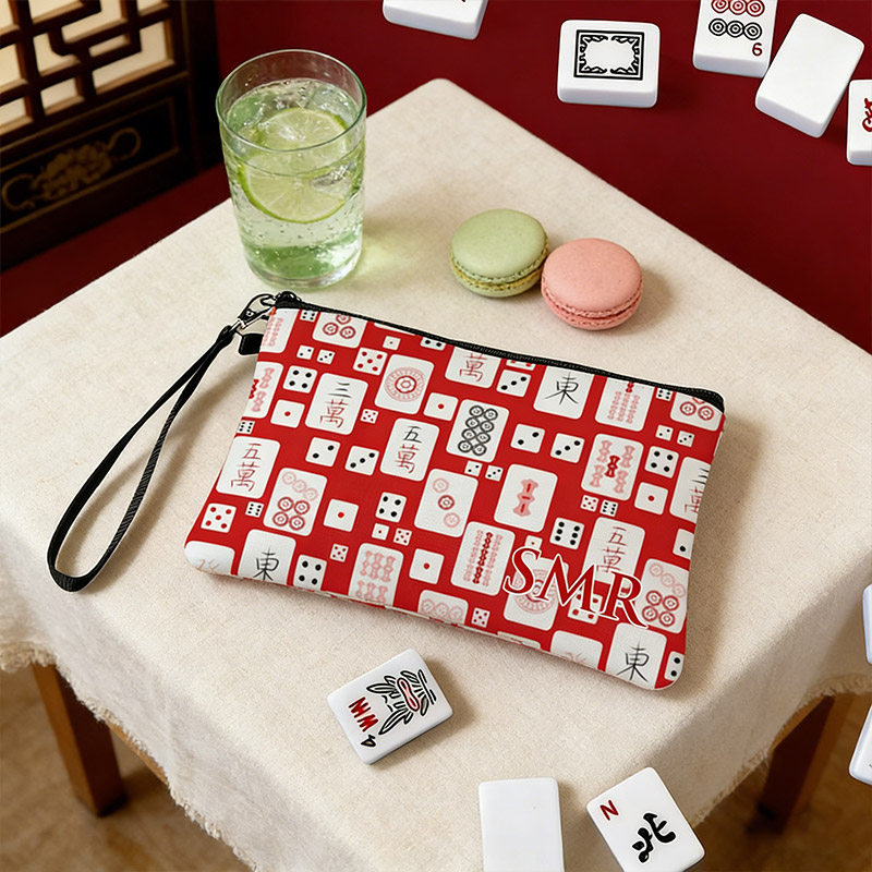 Personalized Mahjong Name Linen Handbag Red Mahjong and Dice with Zipper and Wrist Strap Gift for Mahjong Lovers