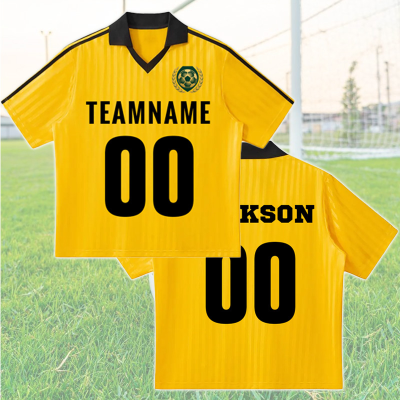 Personalized Made Lapel Soccer Jersey with Yellow Stripes Featuring Custom Team Name Logo Player Name and Number Gift for Soccer Fans