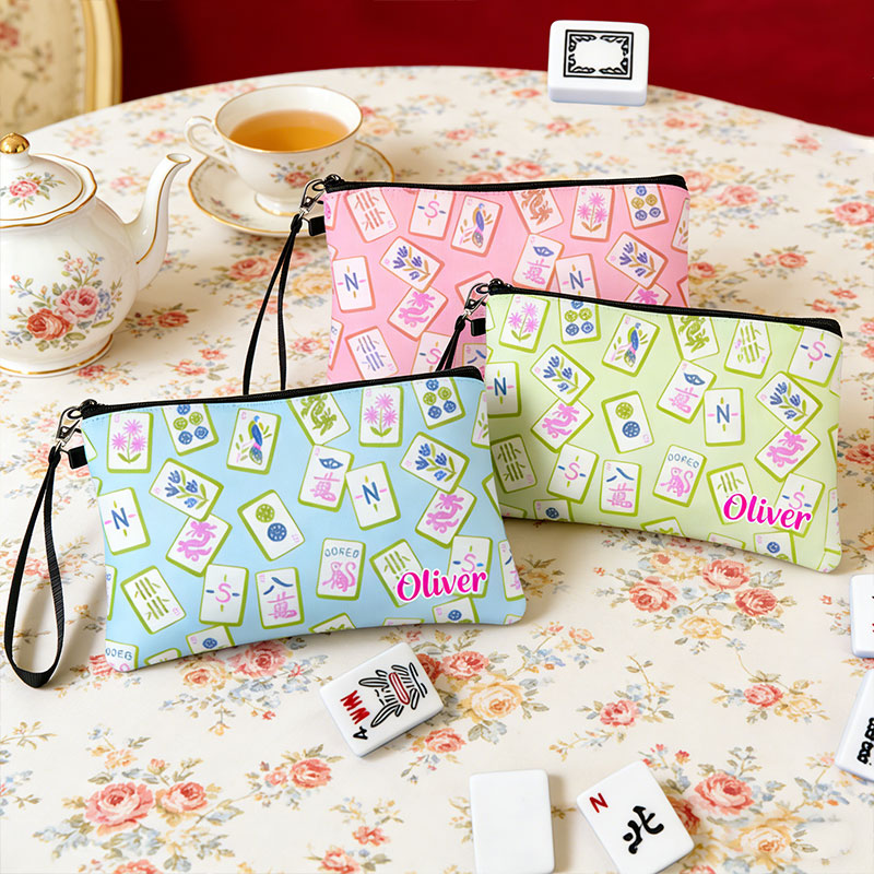 Personalized Mahjong Name Linen Handbag Purple Monkey Mahjong Pattern with Zipper and Wrist Strap Gift for Mahjong Lovers