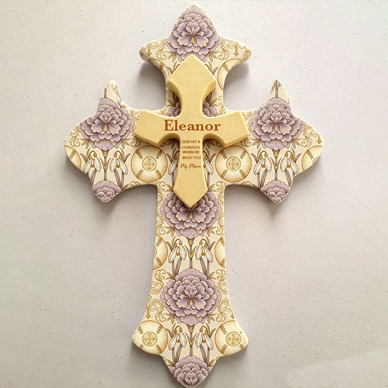 Personalized Wooden Wall Cross Classical Religious Style Hanging Birth Flower Baseball Cross Home Decor A Gift for Mom