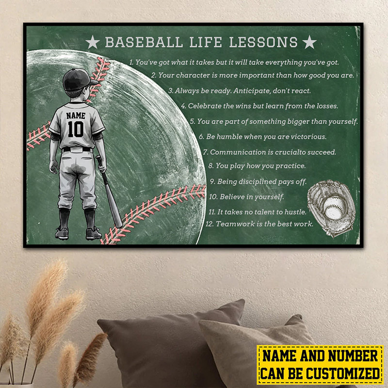 Personalized Baseball Life Lessons Wall Hangings Custom Name Number Chalkboard Style Motivational Wall Art for Baseball Fans