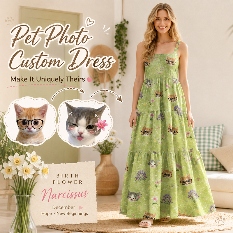 Personalized Pet Photo Birth Floral Maxi Dress Custom Tiered Ruffle Unique Gift for Cat Mom Dog Owner