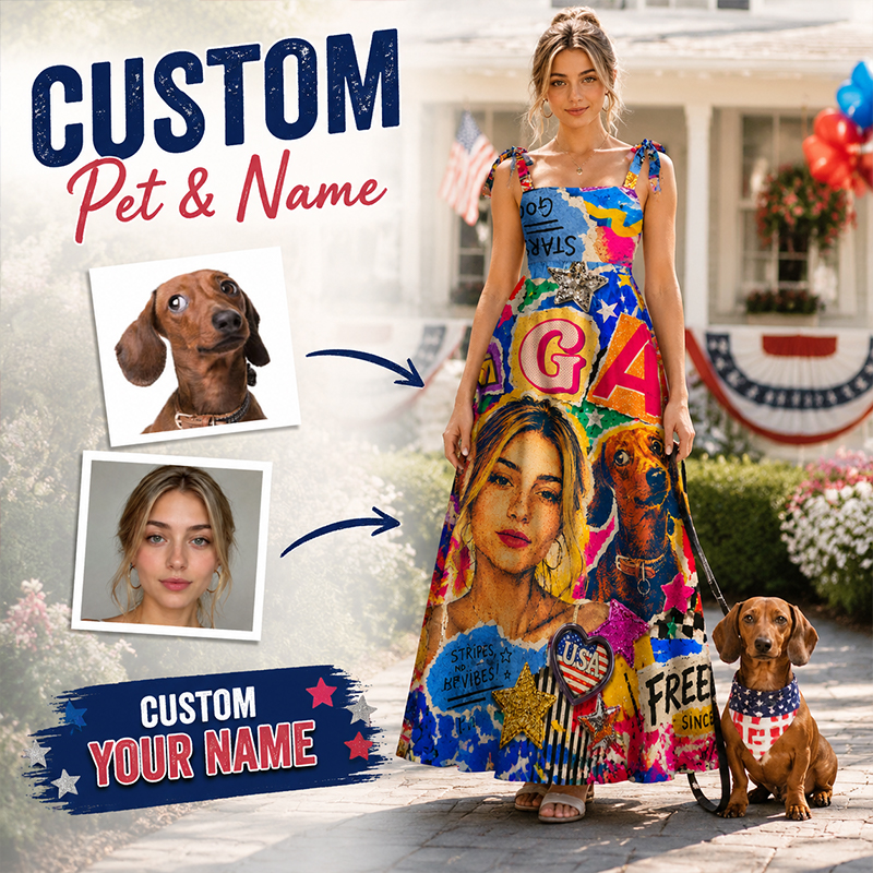 Personalized USA Independence Day Maxi Dress Colorful Graffiti Collage with Custom Photo and Name for USA 250th Anniversary