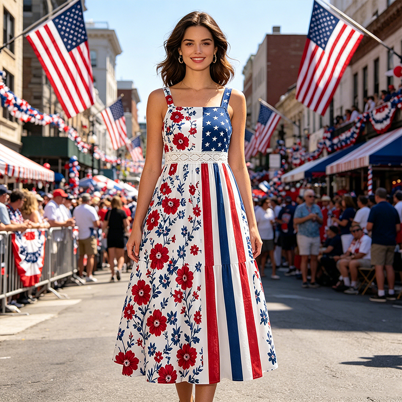 4th of July Patriotic Maxi Dress American Star Stripes Red Floral Print Independence Day for Her
