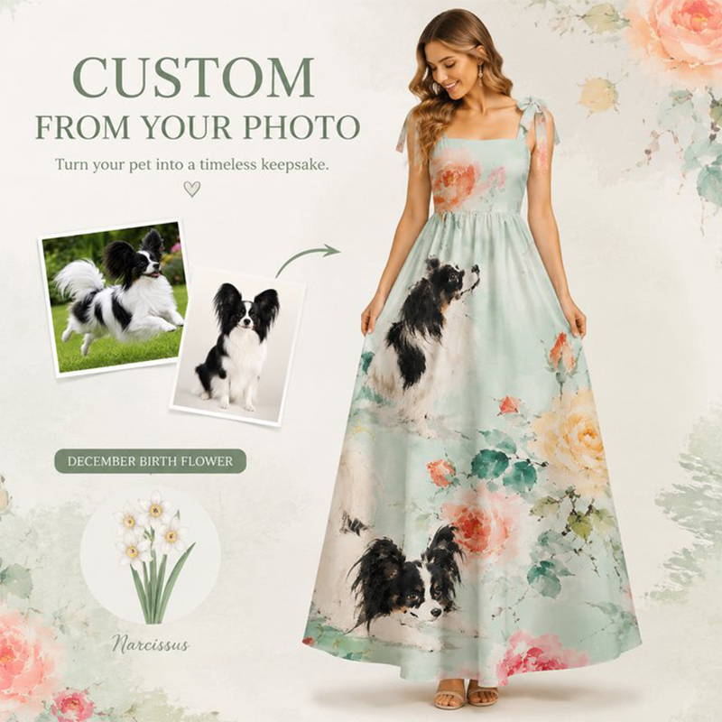 Personalized Floral Maxi Dress Watercolor Print with Custom Birth Flower and Pet Gift for Flowers and Pet Lovers