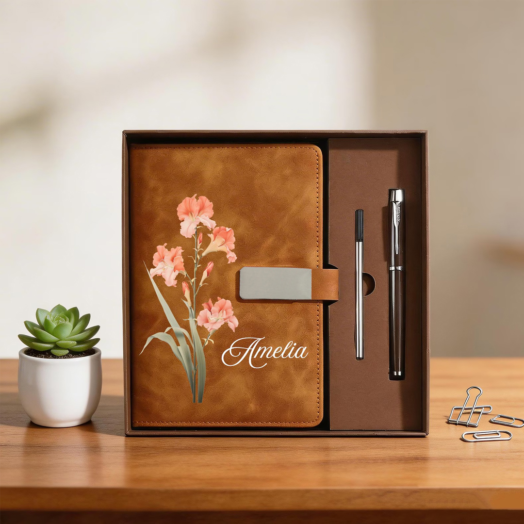 Personalized Birth Flower Notebook & Pen Set Custom Name Leather Journal Gift Birth Month Flower Journal for Women