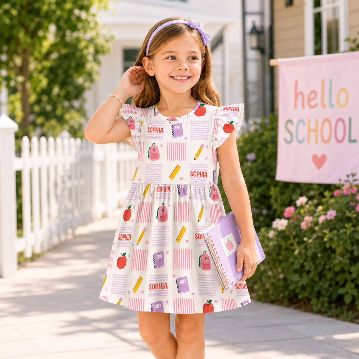 Personalized Cute Back To School Icons Pencils Crayons Glue Backpack Apples Books Pastel Classroom Print Coquette Ruffle Dress