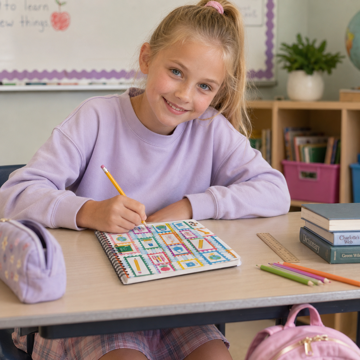 Personalized Colorful School Icons Pencils Books Apples Crayons Rainbow Back To School Kids Name Spiral Notebook