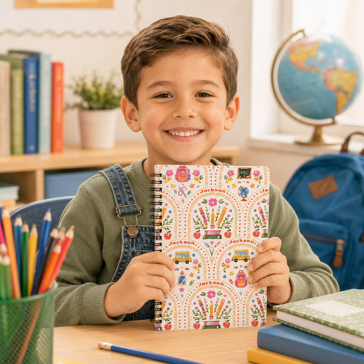 Personalized Boho Rainbow Flowers School Supplies Doodles Books Pencils Hearts Stars Back To School Spiral Notebook