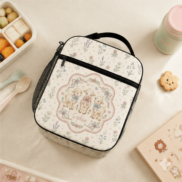 Personalized Cute Woodland Animals Floral Frame Pastel Nursery Style Kids Name Insulated Picnic School Lunch Bag
