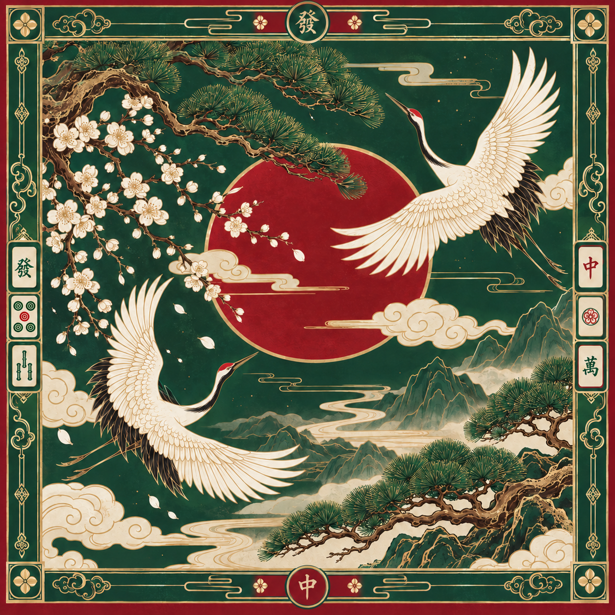 New Chinese Style Mahjong Mat Cranes and Pine Aesthetics
