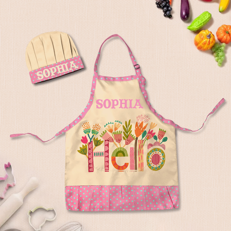 Personalized Floral Pattern Adjustable Kid Apron Chef Hat Set with Pocket and Name for Cooking Baking Birthday Holiday Gift for Kids