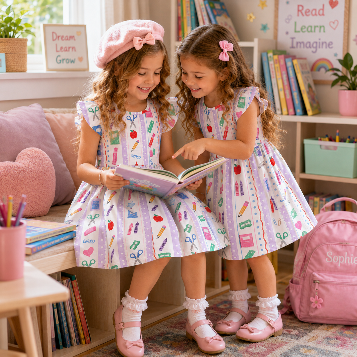 Personalized Cute Teacher Classroom Supplies Pencil Apple Ruler Notebook Rainbow Print Back To School Coquette Ruffle Dress