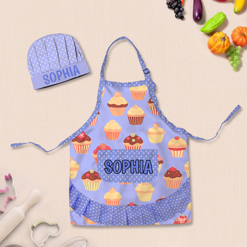Personalized Cupcake Polka Dot Patchwork Adjustable Kid Apron Chef Hat Set with Pocket and Name for Cooking Baking Birthday Holiday Gift for Kids