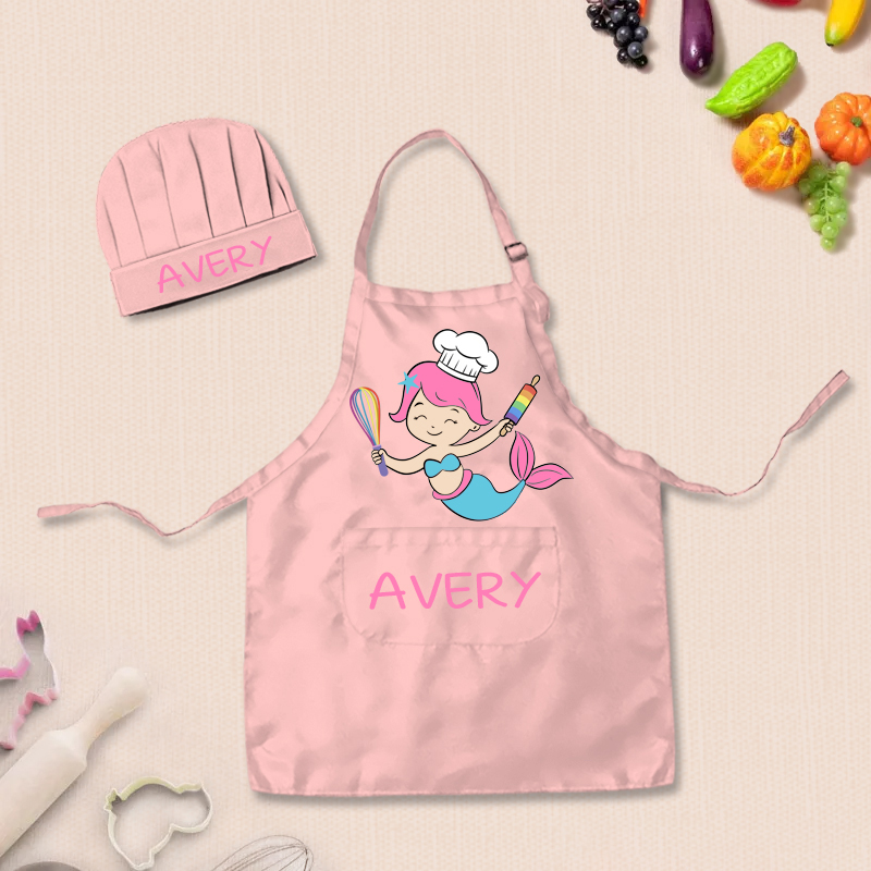 Personalized Mermaid Adjustable Kid Apron Chef Hat Set with Pocket and Name for Cooking Baking Birthday Holiday Gift for Kids