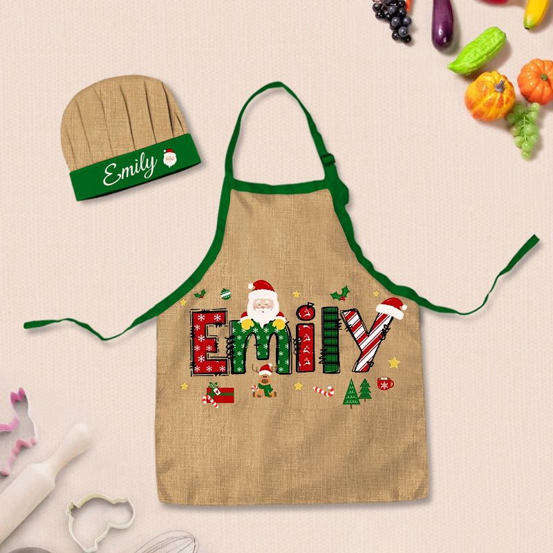 Personalized Christmas Adjustable Kid Apron Chef Hat Set with Pocket and Name for Cooking Baking Birthday Holiday Gift for Kids