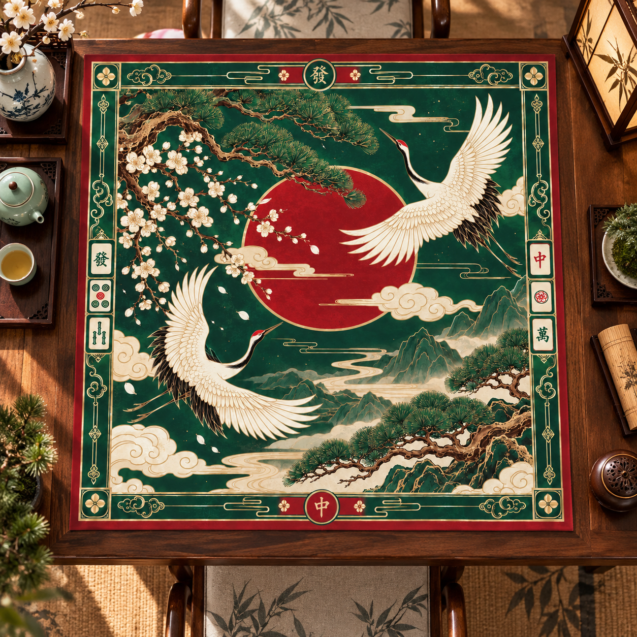 New Chinese Style Mahjong Mat Cranes and Pine Aesthetics