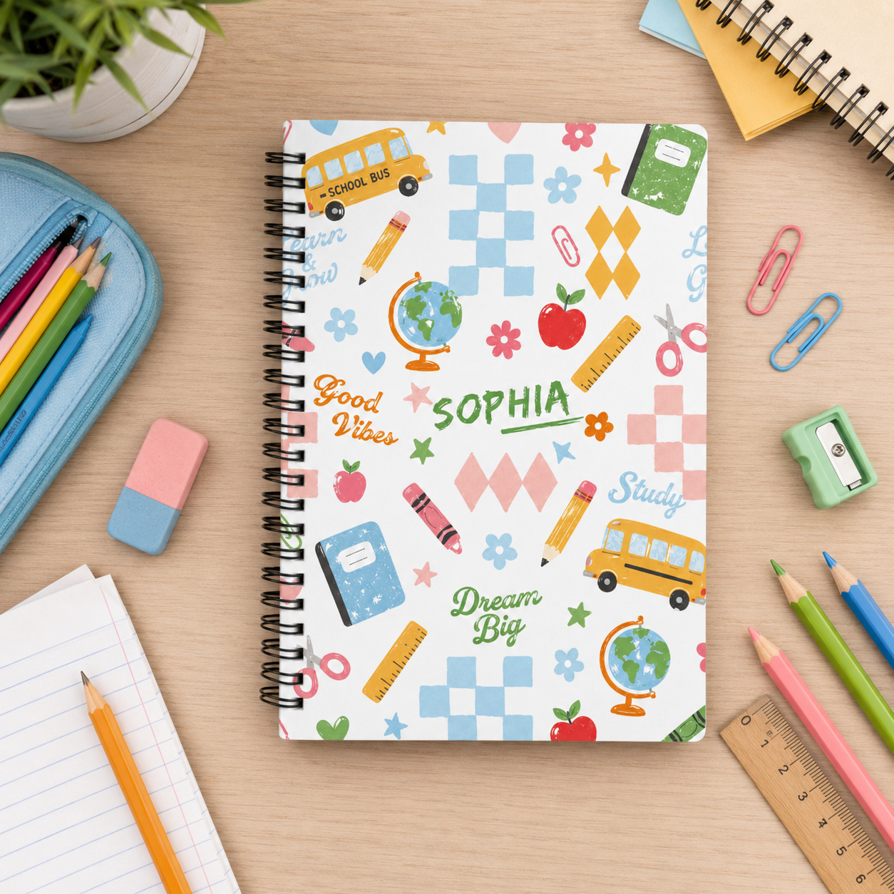 Personalized Cute School Doodles Hand Drawn Pencils Books Buses Hearts Stars Back To School Kids Spiral Notebook