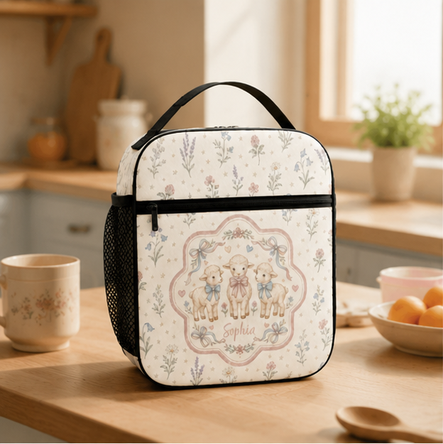 Personalized Cute Woodland Animals Floral Frame Pastel Nursery Style Kids Name Insulated Picnic School Lunch Bag
