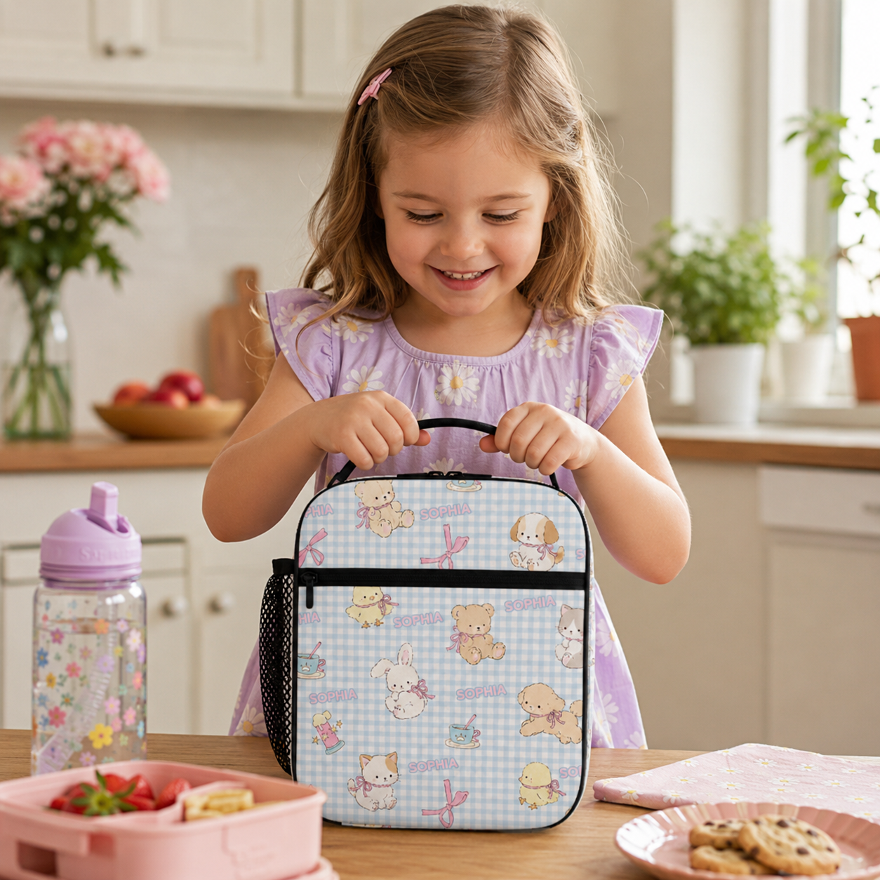 Personalized Pastel Ballerina Bunnies Rainbows Hearts Kids Name Cute Girly Pattern Nursery Style Insulated Lunch Bag