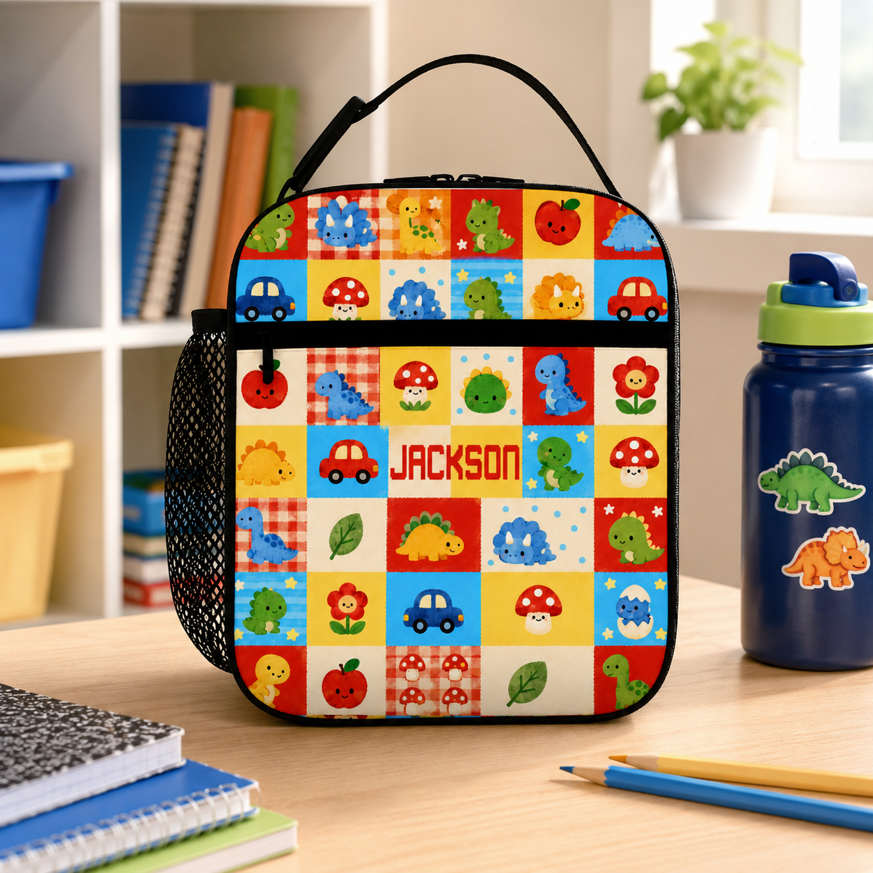 Personalized Bright Arcade Game Icons Pixel Monsters Joystick Retro Gamer Kids Name Colorful Blocks Pattern Insulated Lunch Bag