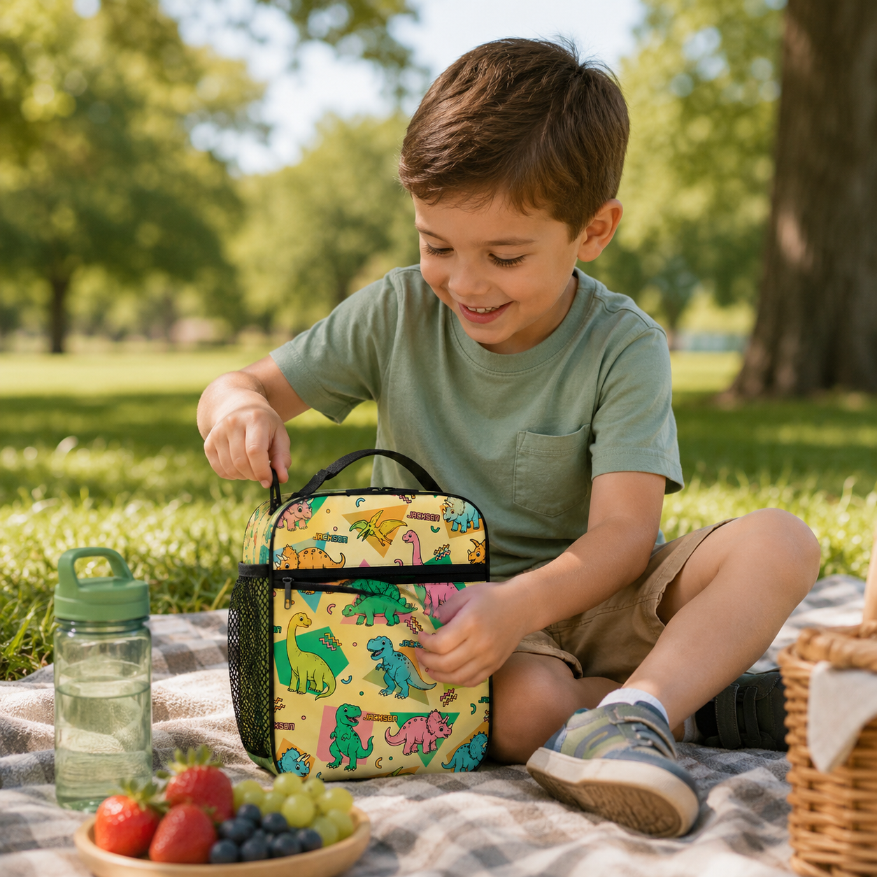 Personalized Colorful Cartoon Dinosaur Kids Back To School Insulated Reusable Snack And Meal Tote Box Lunch Bag