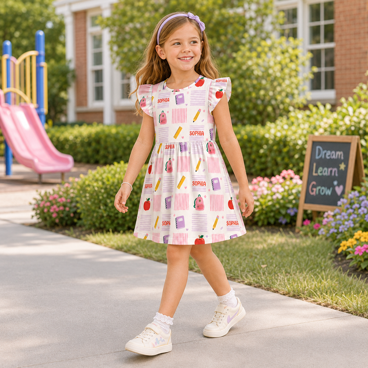Personalized Cute Back To School Icons Pencils Crayons Glue Backpack Apples Books Pastel Classroom Print Coquette Ruffle Dress